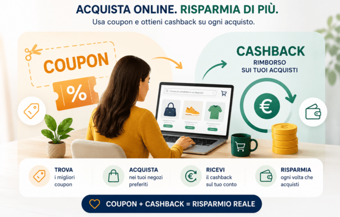 Donna che acquista online utilizzando coupon e cashback per risparmiare su acquisti e-commerce tramite Topnegozi