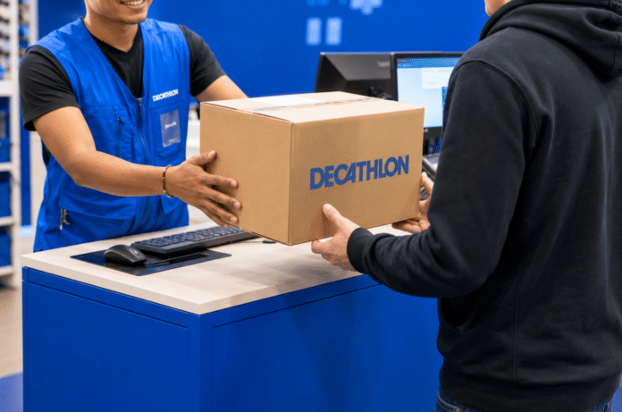 Cliente consegna un pacco Decathlon al banco per effettuare un reso in negozio