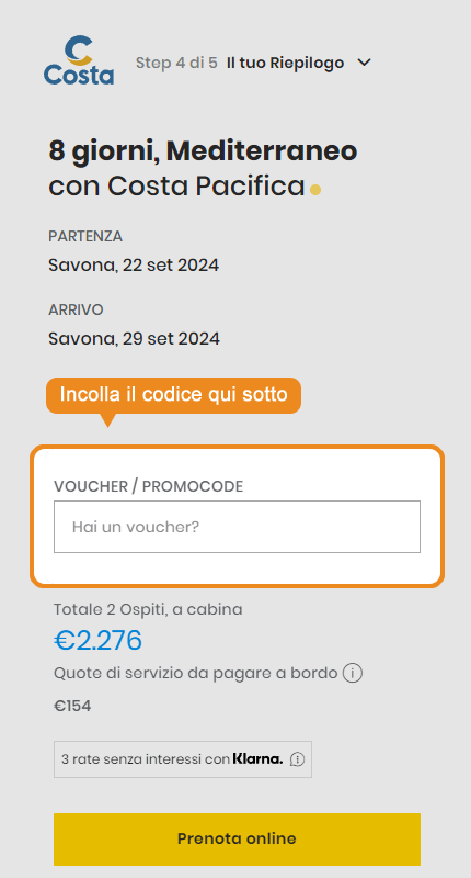 Dove inserire il codice sconto Costa Crociere