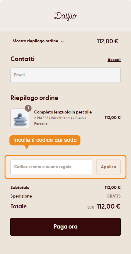 Dove inserire il codice sconto Dalfilo