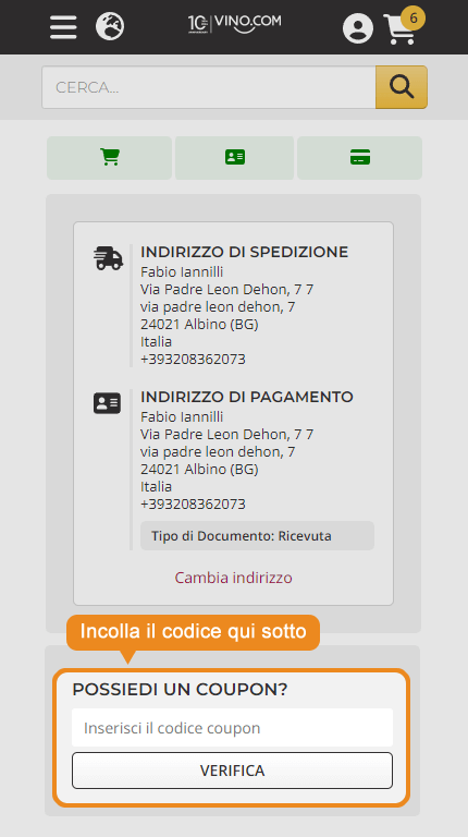Dove inserire il codice sconto Vino.com