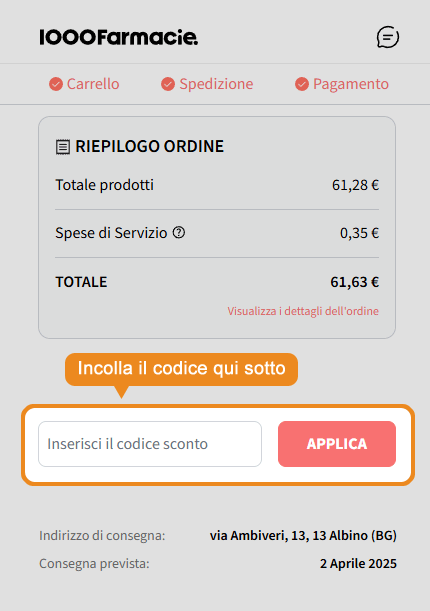 Dove inserire il codice sconto 1000Farmacie