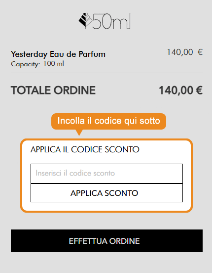 Dove inserire il codice sconto 50ml