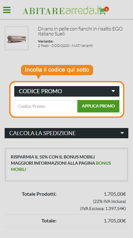 Dove inserire il codice sconto ABITAREarreda