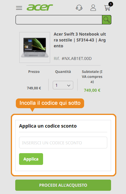 Dove inserire il codice sconto Acer
