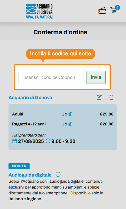 Dove inserire il codice sconto Acquario di Genova
