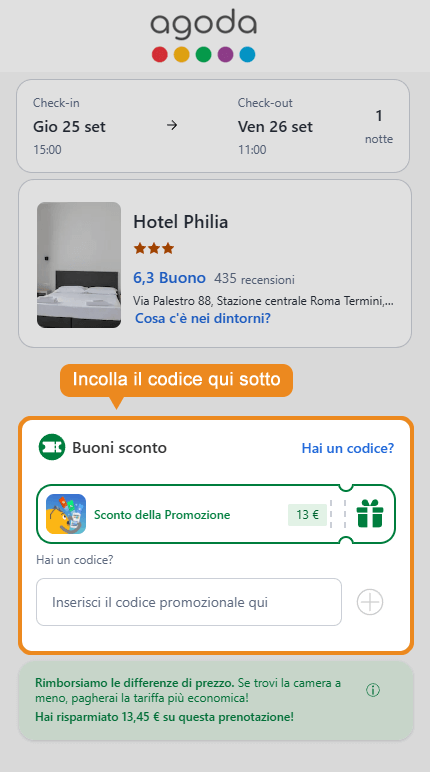 Dove inserire il codice sconto Agoda