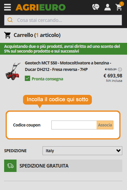 Dove inserire il codice sconto AgriEuro