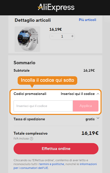 Dove inserire il codice sconto AliExpress