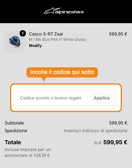 Dove inserire il codice sconto Alpinestars
