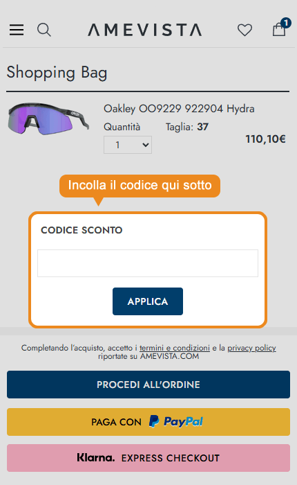 Dove inserire il codice sconto Amevista