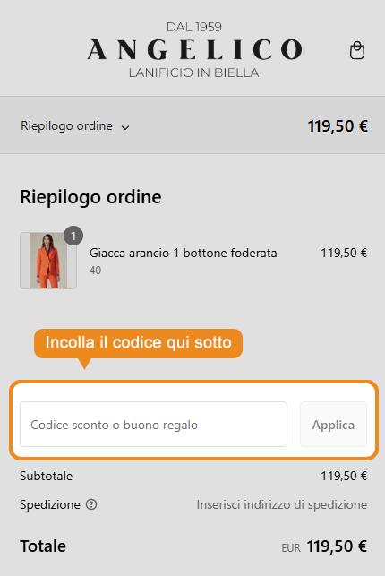 Dove inserire il codice sconto Angelico