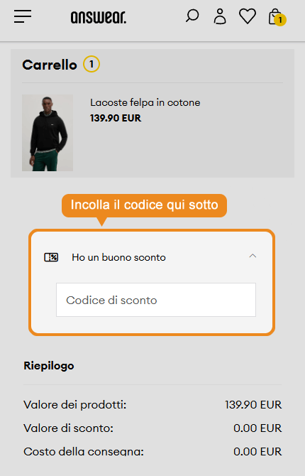 Dove inserire il codice sconto Answear