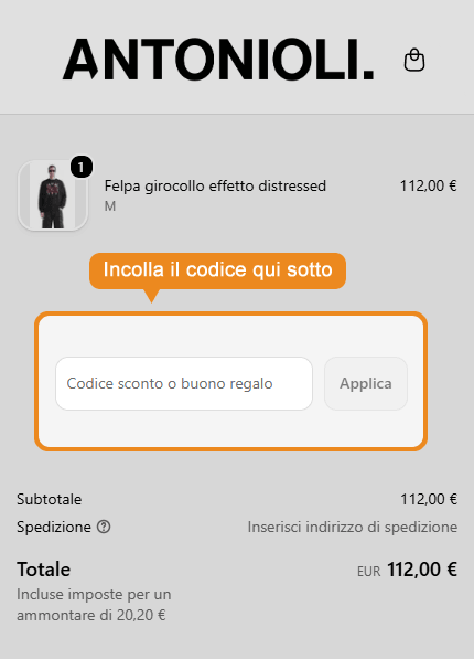 Dove inserire il codice sconto Antonioli
