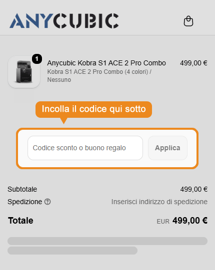 Dove inserire il codice sconto Anycubic