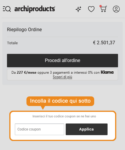 Dove inserire il codice sconto Archiproducts
