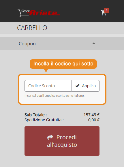 Dove inserire il codice sconto Ariete