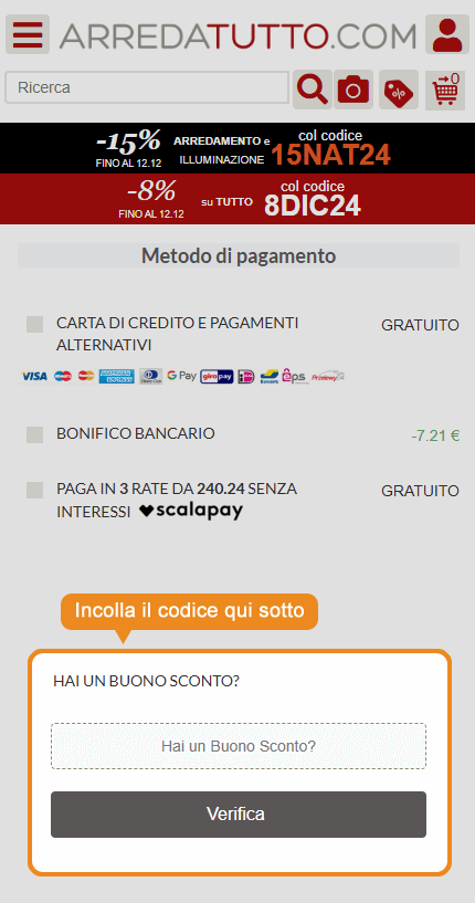 Dove inserire il codice sconto Arredatutto