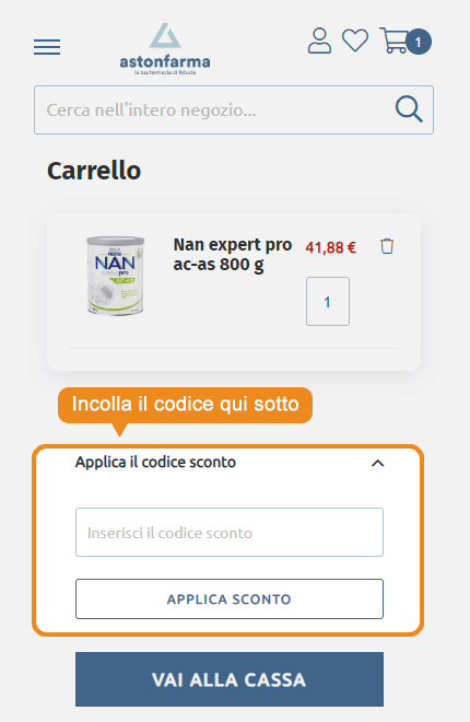 Dove inserire il codice sconto Astonfarma