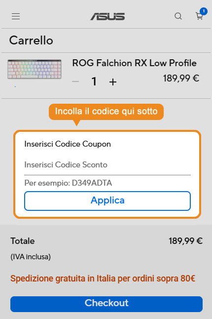 Dove inserire il codice sconto ASUS