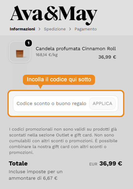 Dove inserire il codice sconto Ava May