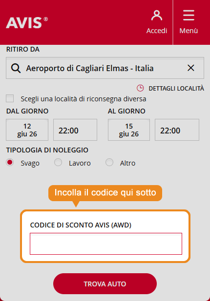 Dove inserire il codice sconto Avis