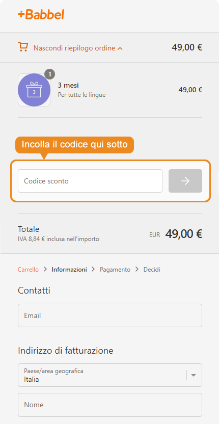 Dove inserire il codice sconto Babbel