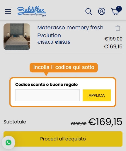 Dove inserire il codice sconto Baldiflex