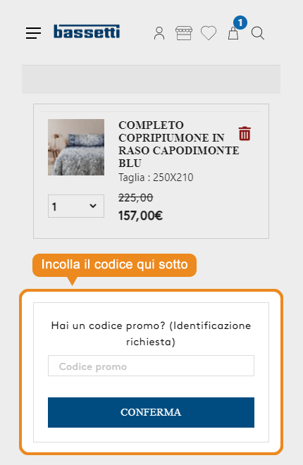 Dove inserire il codice sconto Bassetti