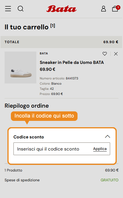 Dove inserire il codice sconto Bata