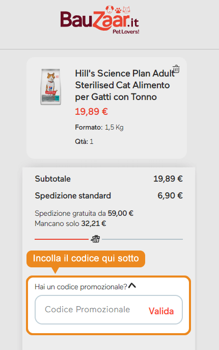 Dove inserire il codice sconto Bauzaar