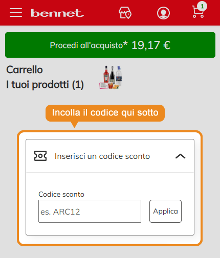 Dove inserire il codice sconto Bennet