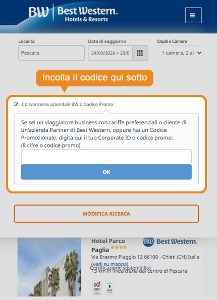 Dove inserire il codice sconto Best Western