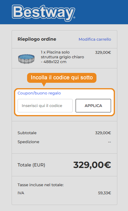 Dove inserire il codice sconto Bestway