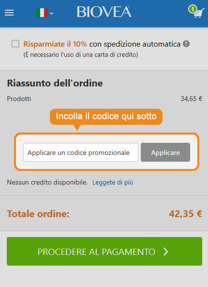 Dove inserire il codice sconto Biovea
