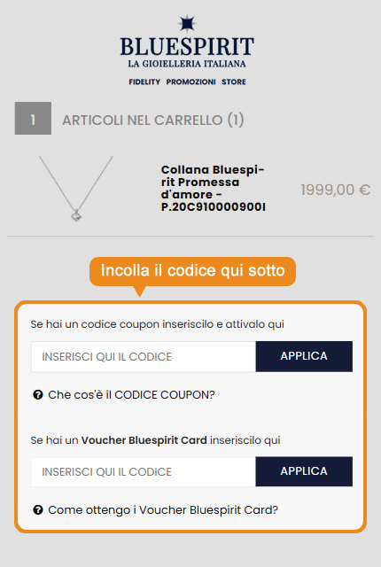 Dove inserire il codice sconto Bluespirit