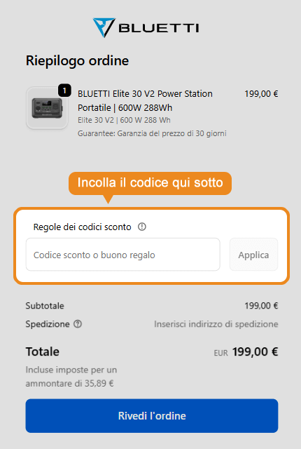 Dove inserire il codice sconto Bluetti