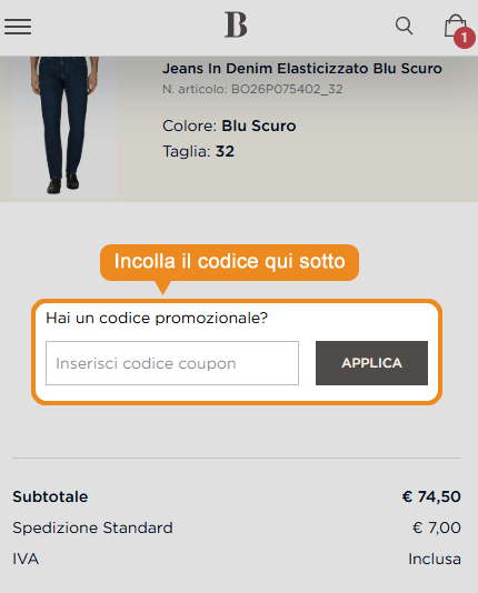 Dove inserire il codice sconto Boggi