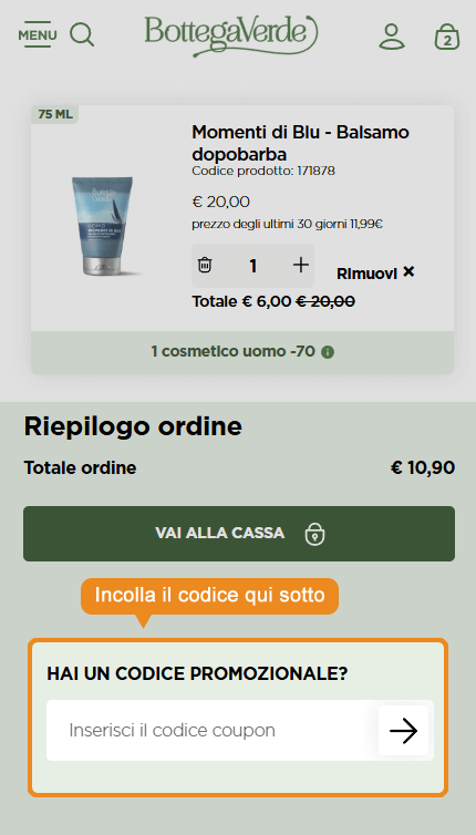 Dove inserire il codice sconto Bottega Verde