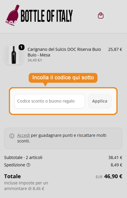 Dove inserire il codice sconto Bottle of Italy