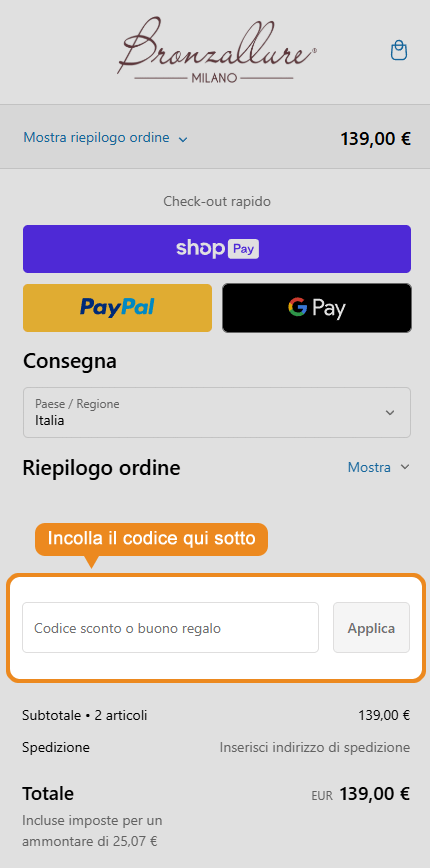 Dove inserire il codice sconto Bronzallure