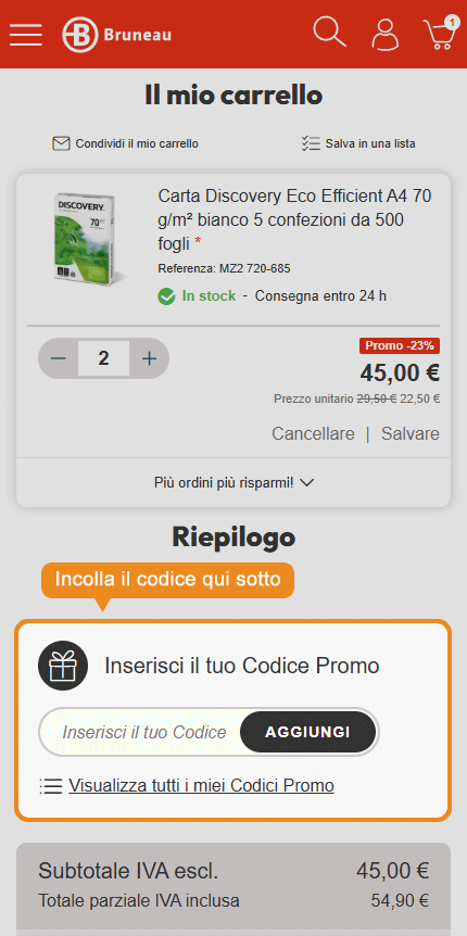 Dove inserire il codice sconto Bruneau