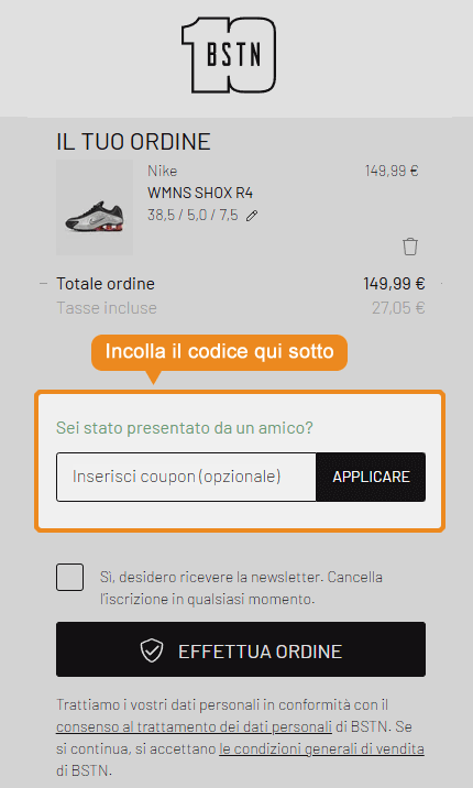 Dove inserire il codice sconto BSTN