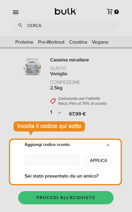 Dove inserire il codice sconto Bulk
