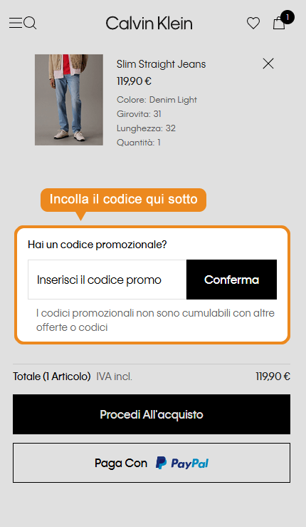 Dove inserire il codice sconto Calvin Klein