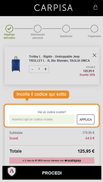 Dove inserire il codice sconto Carpisa