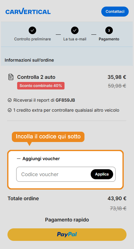 Dove inserire il codice sconto CarVertical