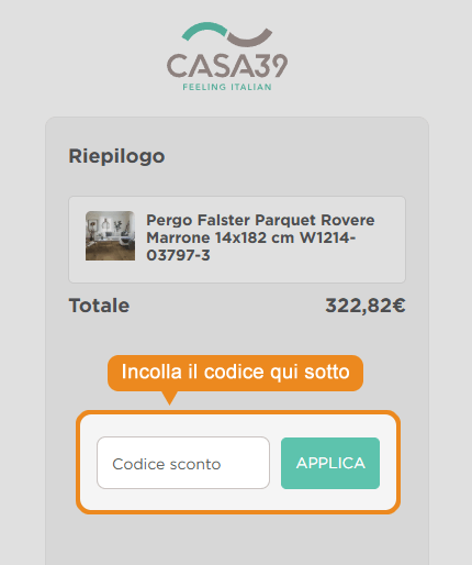 Dove inserire il codice sconto Casa39