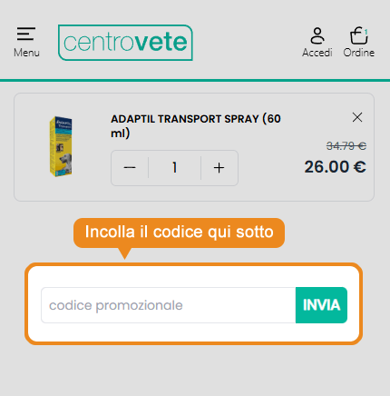 Dove inserire il codice sconto CentroVete