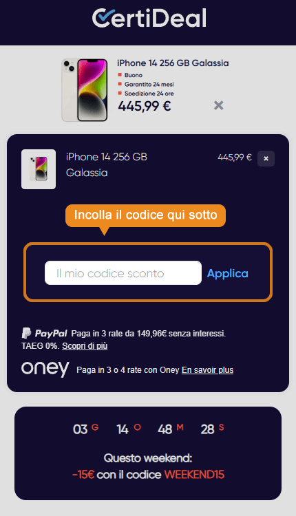 Dove inserire il codice sconto CertiDeal